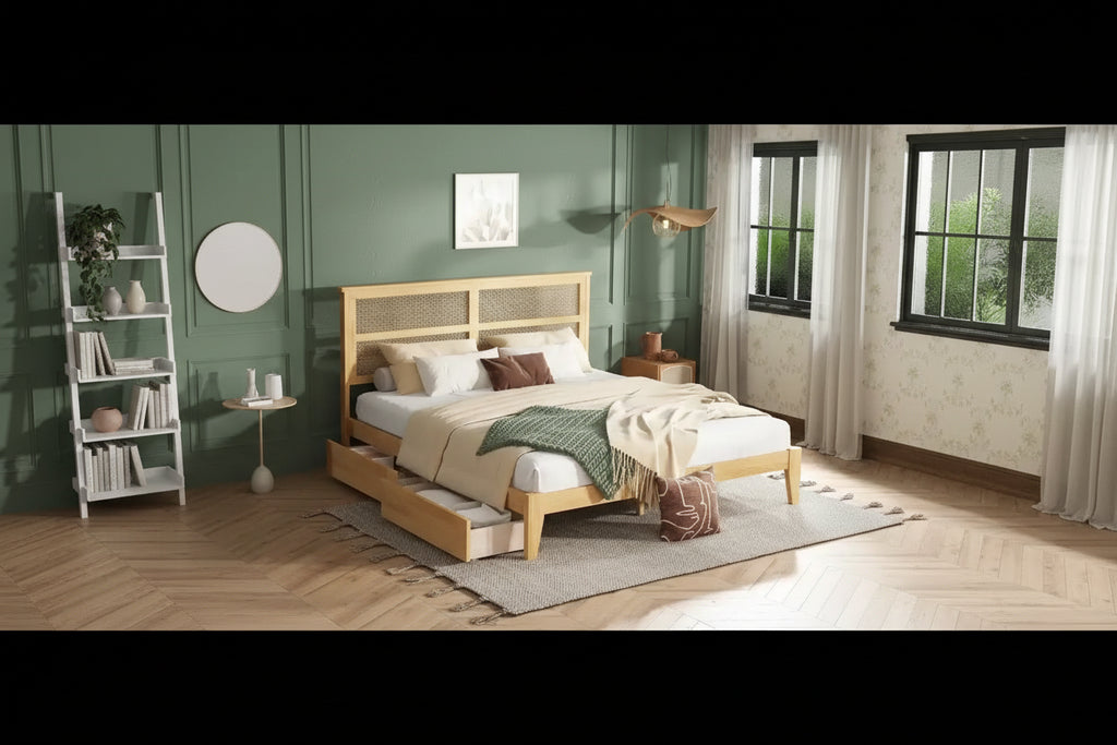 King Size Platform Bed with Rattan Headboard, Two Drawers