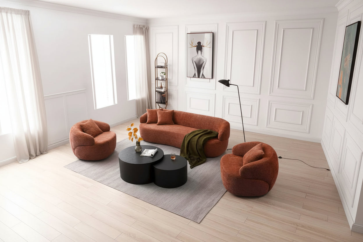 Poltrona a botte girevole a 360° rivestita in tessuto moderna arancione 34.6 con struttura in legno massello