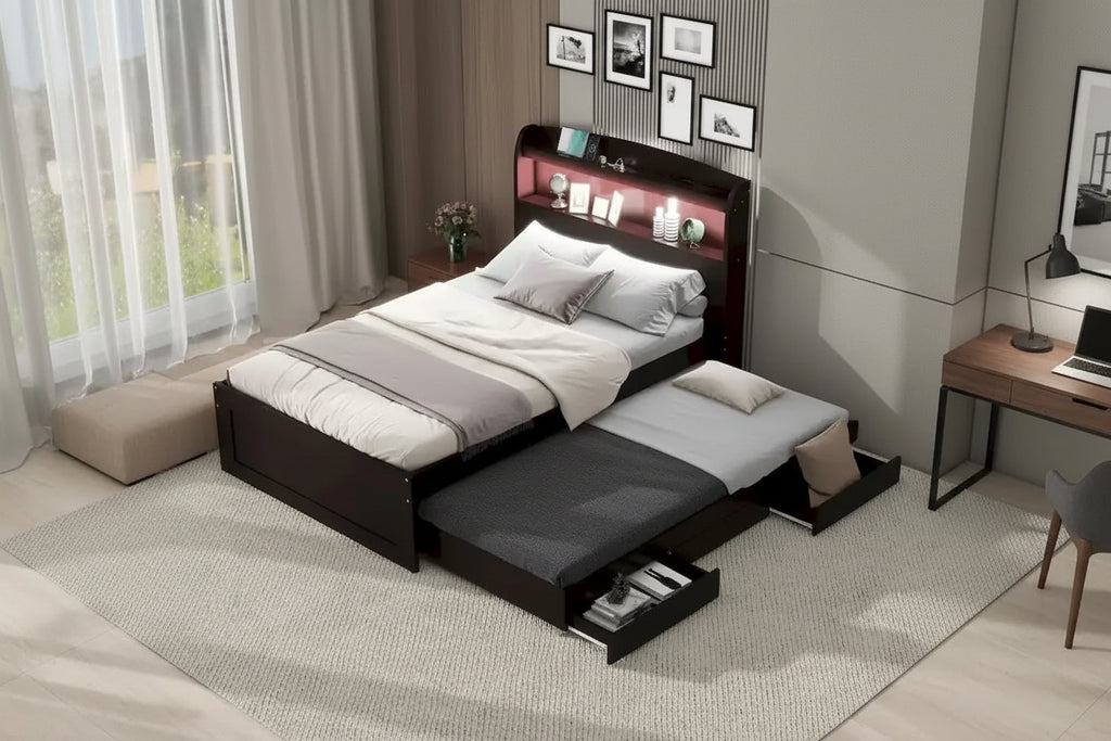 Twin XL Platform Bed with LED Headboard & Drawers