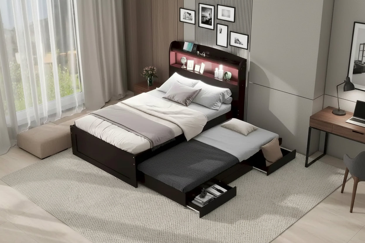 Twin XL Platform Bed with LED Headboard & Drawers