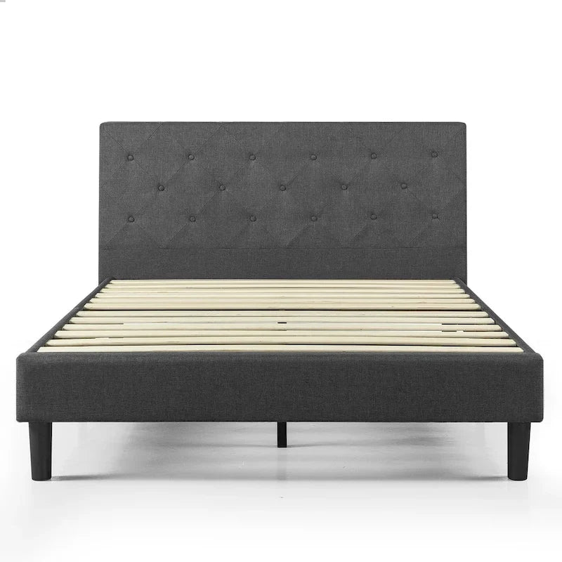 Letto a piattaforma imbottito in grigio scuro con cuciture a diamante