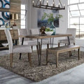 Tavolo rettangolare con gambe in legno, motivo Rustic Caramel di Horizons con lavorazione Sawmark Distressing – Grigio