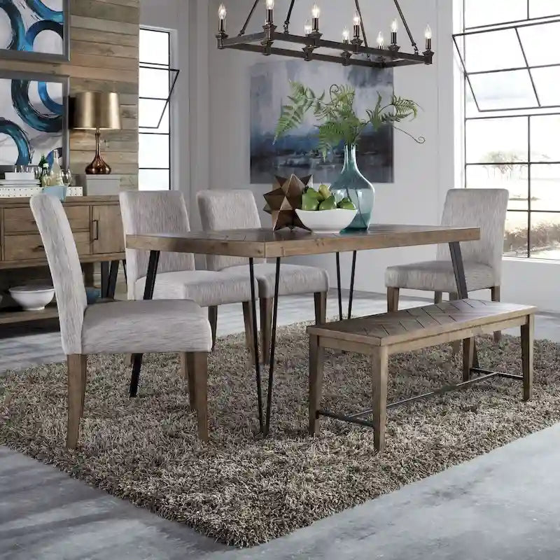 Tavolo rettangolare con gambe in legno, motivo Rustic Caramel di Horizons con lavorazione Sawmark Distressing – Grigio