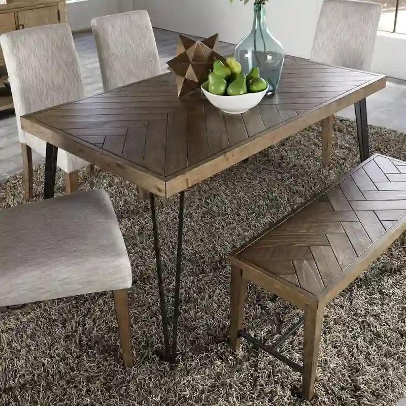 Tavolo rettangolare con gambe in legno, motivo Rustic Caramel di Horizons con lavorazione Sawmark Distressing – Grigio