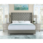 Letto imbottito Newell in similpelle grigia con bottoni