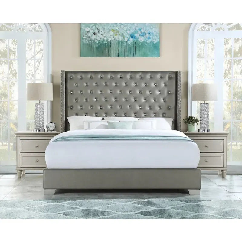 Letto imbottito Newell in similpelle grigia con bottoni