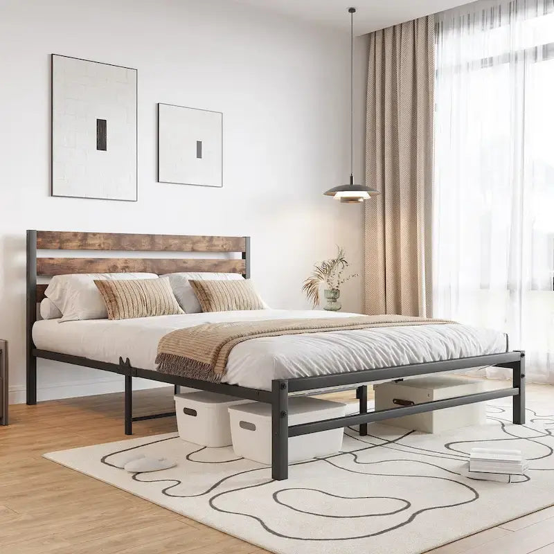 Base per letto a piattaforma Queen Size con testiera rustica vintage in legno, robusto supporto a doghe in metallo per materasso