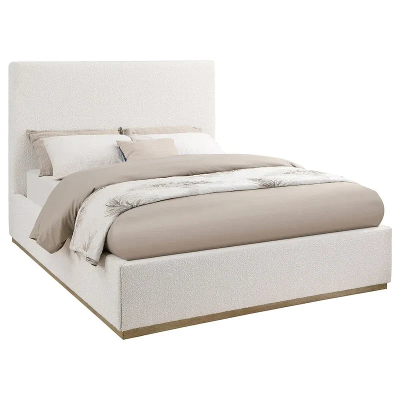 Letto King Size Ole, Testiera imbottita, Base a zoccolo dorata, Avorio
