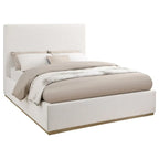 Letto King Size Ole, Testiera imbottita, Base a zoccolo dorata, Avorio