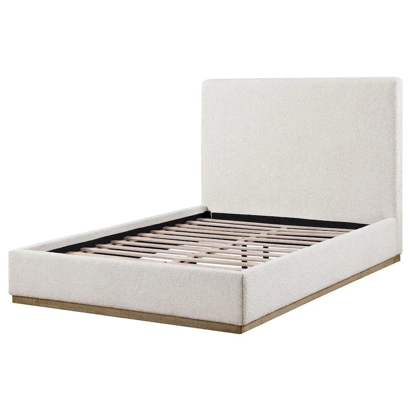 Letto King Size Ole, Testiera imbottita, Base a zoccolo dorata, Avorio