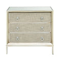 Comodino Comò con Pannello Anteriore Tappezzato in Legno, 3 Cassetti, Top a Specchio e Maniglie ad Anello - Beige - Roche River Decor