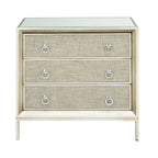 Comodino Comò con Pannello Anteriore Tappezzato in Legno, 3 Cassetti, Top a Specchio e Maniglie ad Anello - Beige - Roche River Decor