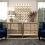 Comodino Comò con Pannello Anteriore Tappezzato in Legno, 3 Cassetti, Top a Specchio e Maniglie ad Anello - Beige - Roche River Decor