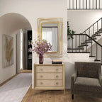 Comodino Comò con Pannello Anteriore Tappezzato in Legno, 3 Cassetti, Top a Specchio e Maniglie ad Anello - Beige - Roche River Decor
