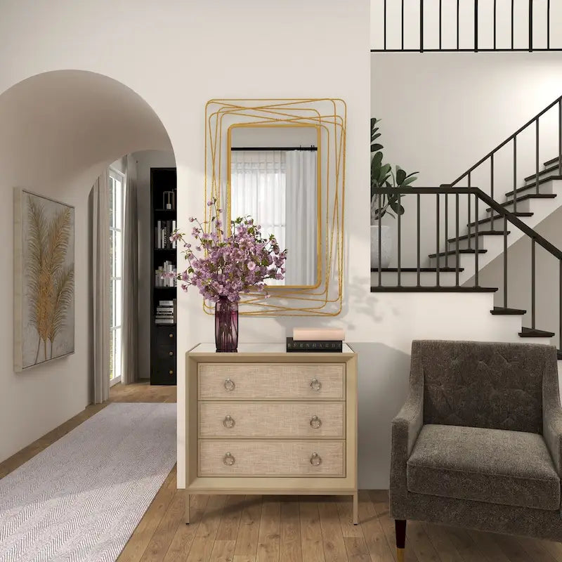 Comodino Comò con Pannello Anteriore Tappezzato in Legno, 3 Cassetti, Top a Specchio e Maniglie ad Anello - Beige - Roche River Decor