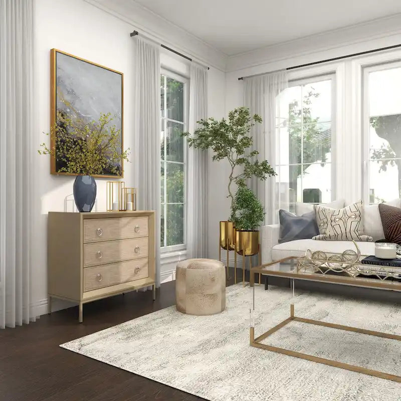 Comodino Comò con Pannello Anteriore Tappezzato in Legno, 3 Cassetti, Top a Specchio e Maniglie ad Anello - Beige - Roche River Decor