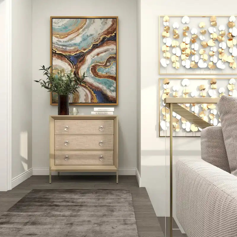 Comodino Comò con Pannello Anteriore Tappezzato in Legno, 3 Cassetti, Top a Specchio e Maniglie ad Anello - Beige - Roche River Decor