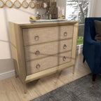 Comodino Comò con Pannello Anteriore Tappezzato in Legno, 3 Cassetti, Top a Specchio e Maniglie ad Anello - Beige - Roche River Decor
