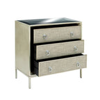 Comodino Comò con Pannello Anteriore Tappezzato in Legno, 3 Cassetti, Top a Specchio e Maniglie ad Anello - Beige - Roche River Decor