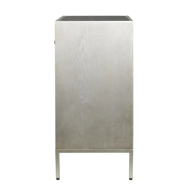 Comodino Comò con Pannello Anteriore Tappezzato in Legno, 3 Cassetti, Top a Specchio e Maniglie ad Anello - Beige - Roche River Decor