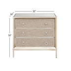 Comodino Comò con Pannello Anteriore Tappezzato in Legno, 3 Cassetti, Top a Specchio e Maniglie ad Anello - Beige - Roche River Decor