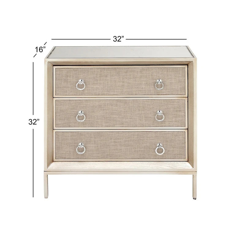 Comodino Comò con Pannello Anteriore Tappezzato in Legno, 3 Cassetti, Top a Specchio e Maniglie ad Anello - Beige - Roche River Decor
